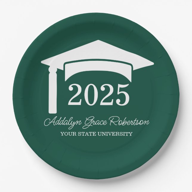 Assiettes En Carton Université Collège Vert Casquette Promotion 2025 (Devant)