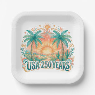 Assiettes En Carton USA 250 Ans Palmiers Patriotique Lever de Soleil D