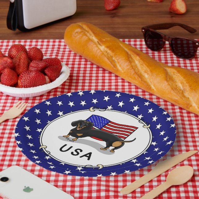 Assiettes En Carton USA American Flag Dachshund Dachsie (black & tan) (Pique-nique)