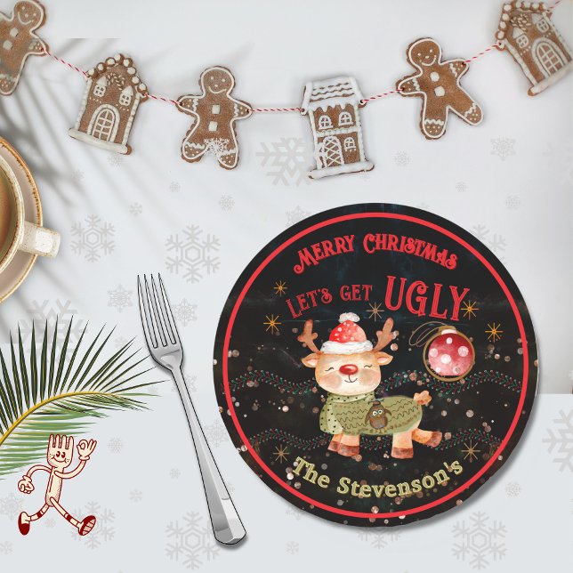 Assiettes En Carton Vacances de chevreuils et de chouettes moches (Ugly Sweater Deer & Owl Holiday Paper Plates (Front))