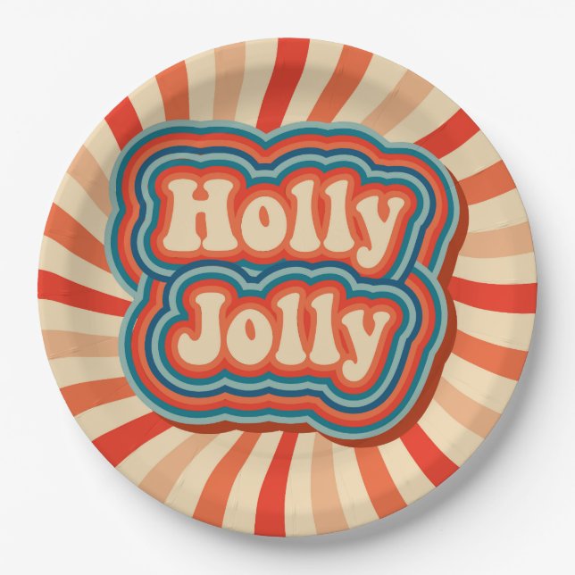 Assiettes En Carton Vacances de Noël rétro Holly Jolly Typographie (Devant)