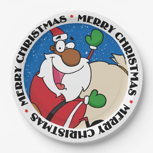 Assiettes En Carton Vacances Fun Noir Santa Claus équitation traîneau (Devant)
