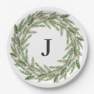 Assiettes En Carton Vacances Monogramme de pin vert rustique