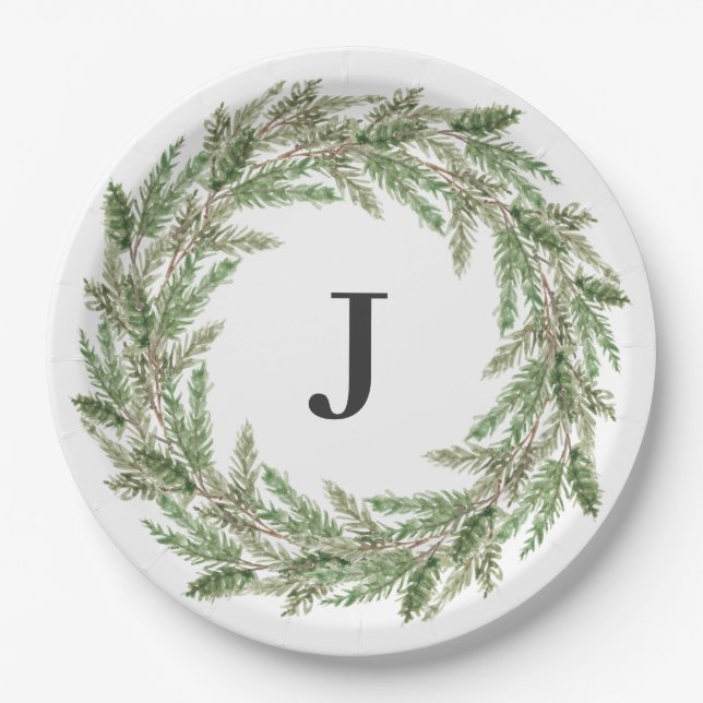 Assiettes En Carton Vacances Monogramme de pin vert rustique (Devant)