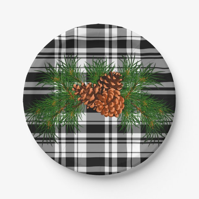 Assiettes En Carton Vacances noir blanc Plaid avec détail cône de pin (Devant)