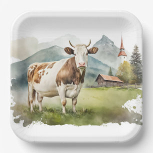 Assiettes En Carton Vache Aquarelle Dans La Vallée De La Montagne