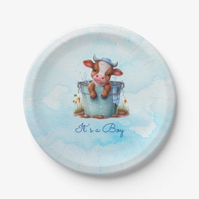 Assiettes En Carton Vache bébé mignonne dans le Baby shower bleu seau  (Devant)