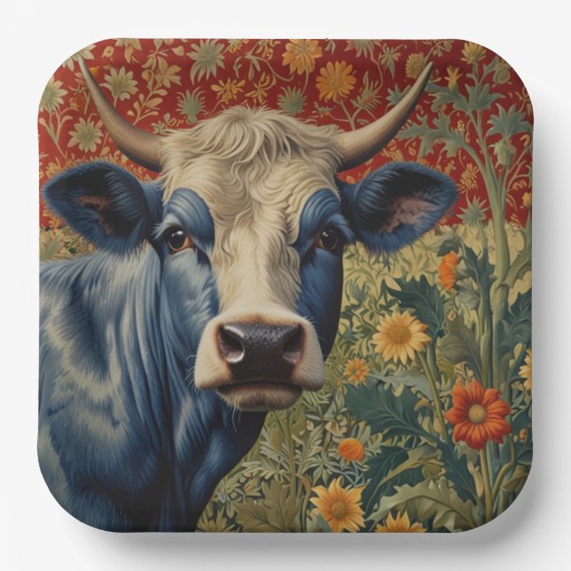 Assiettes En Carton Vache bleu rétro dans le jardin de tournesol (Recto)