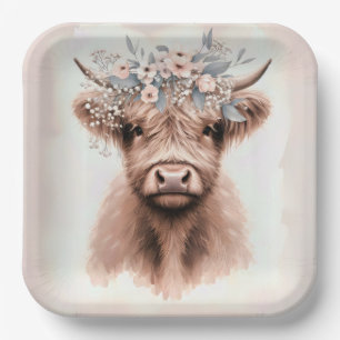 Assiettes En Carton Vache Boho Highland avec couronne florale nuptiale