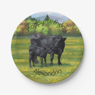 Assiettes En Carton Vache d'Angus noir et veau mou en pâturage d'été