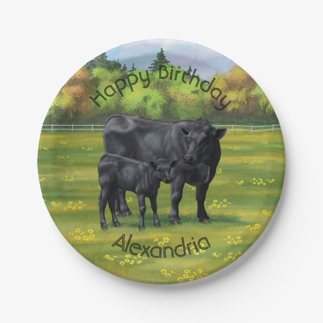 Assiettes En Carton Vache d'Angus noir et veau mou en pâturage d'été (Devant)