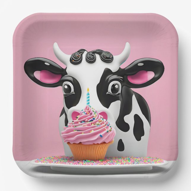 Assiettes En Carton Vache D'Anniversaire Avec Cupcake Sur Rose (Recto)