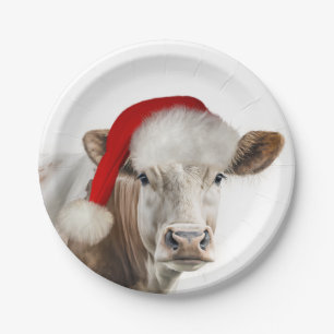Assiettes En Carton Vache de Noël avec chapeau de Noël