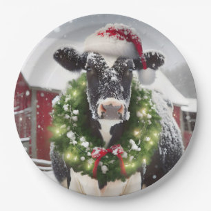 Assiettes En Carton Vache de Noël portant une couronne