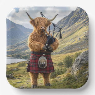 Assiettes En Carton Vache des Highlands écossaise jouant de la cornemu