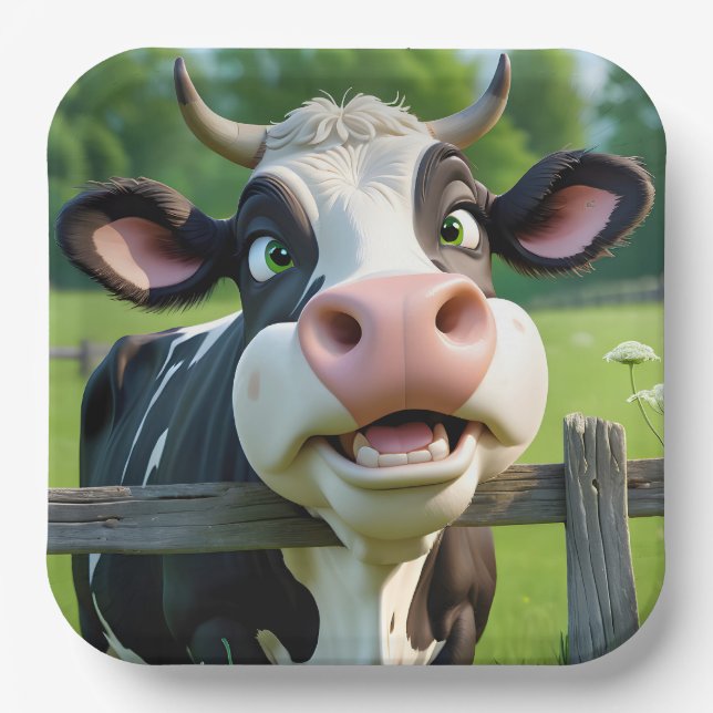 Assiettes En Carton Vache en dessin au-dessus d'une clôture (Recto)