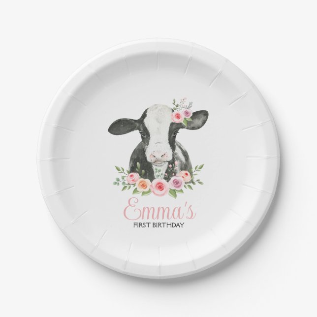 Assiettes En Carton Vache florale rose Imprimer Anniversaire (Devant)