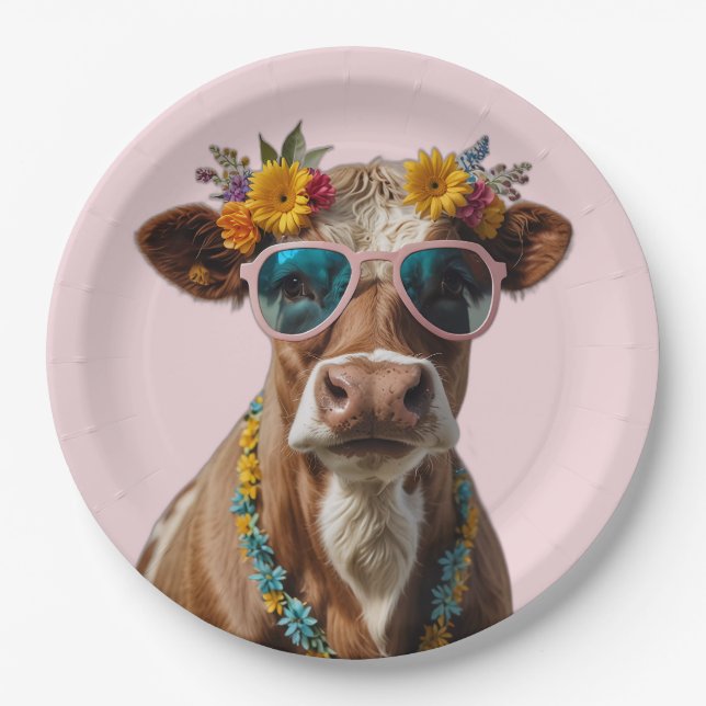 Assiettes En Carton Vache gaie avec lunettes de soleil (Devant)