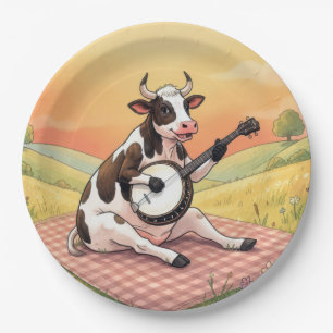Assiettes En Carton Vache jouant du banjo sur une couverture