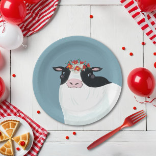 Assiettes En Carton Vache laitière et couronne de fleurs rouges