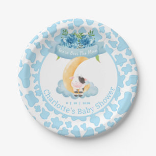 Assiettes En Carton Vache mignonne au-dessus du Baby shower bleu lune
