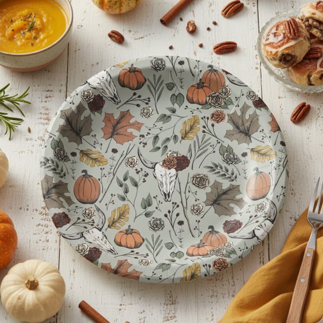 Assiettes En Carton Vache Motif de Thanksgiving Crâne d'automne moisso (Floral Cow Skull Pumpkin & Fall Leaves Pattern Autumn Paper Plates. Rustic Goth Southwestern Style)