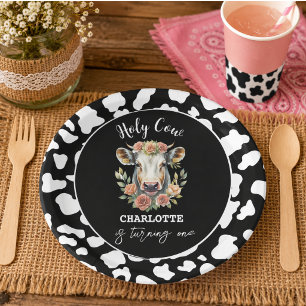 Assiettes En Carton Vache sacrée, j'ai un an, anniversaire de Cow Girl