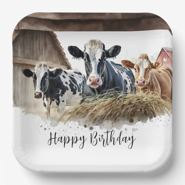 Assiettes En Carton Vaches d'anniversaire avec foin (Recto)