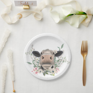 Assiettes En Carton vaches nez baiser fleurs aquarelle gris animal de