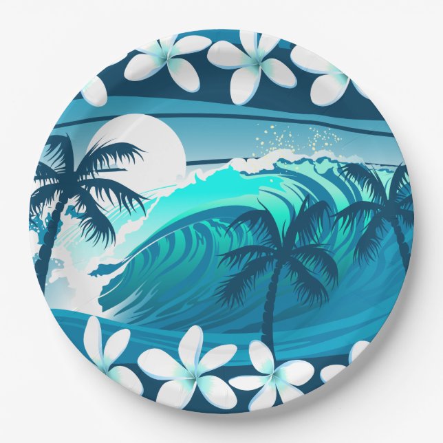 Assiettes En Carton vague de surf tropicale avec palmiers (Devant)