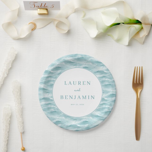 Assiettes En Carton Vague Océanique Bleue Tranquille (Mariage)