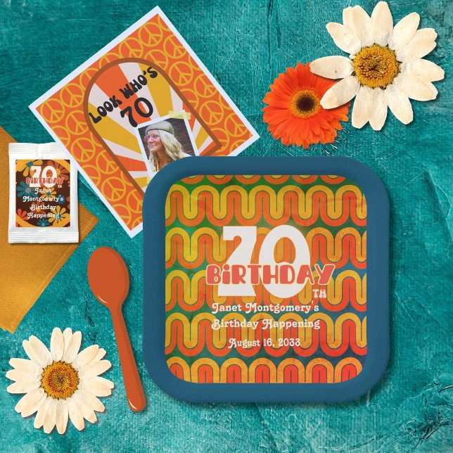 Assiettes En Carton Vague psychédélique rétro 70e anniversaire (Créateur téléchargé)