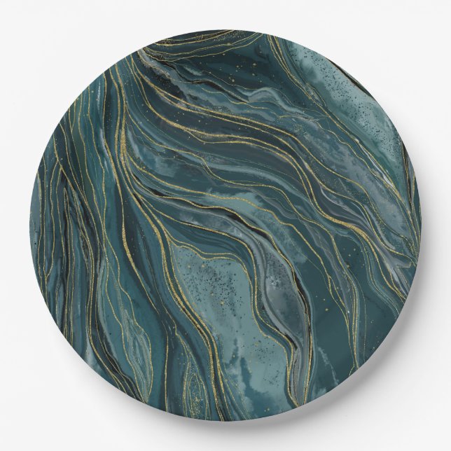 Assiettes En Carton Vagues d'aquarelle Abstraite turquoise Blue Gold (Devant)