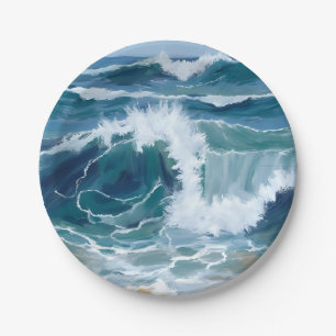 Assiettes En Carton Vagues de l'océan déferlantes Aquarelle bleue cô