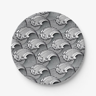 Assiettes En Carton Vagues japonaises vintages, noir et blanc