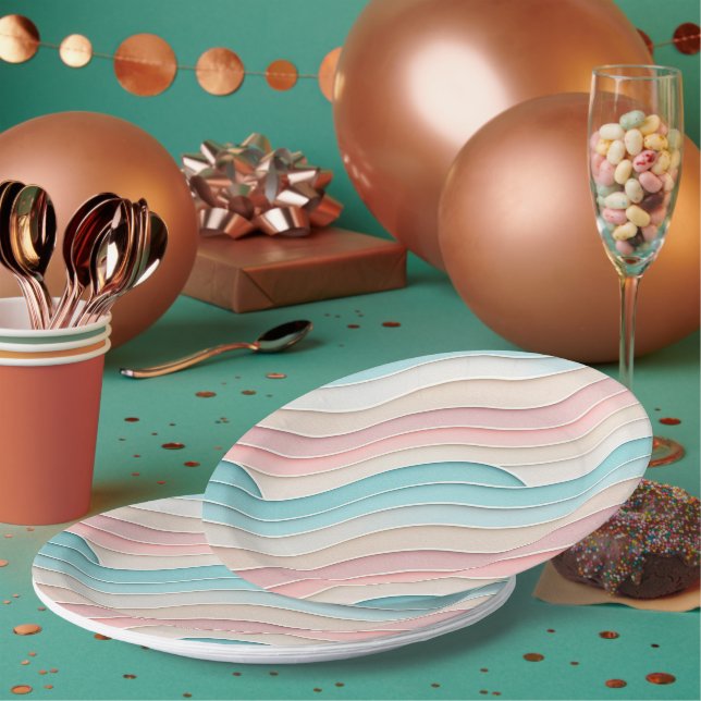 Assiettes En Carton Vagues pastel abstraites – Motif moderne élégant  (Multi)