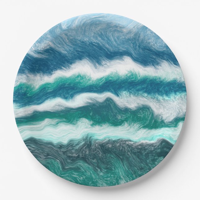 Assiettes En Carton Vagues turquoise et bleu océan (Devant)