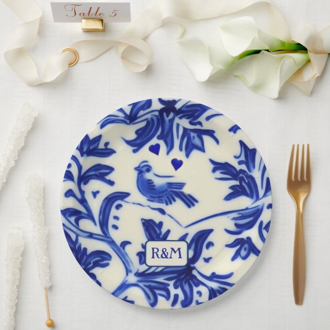Assiettes En Carton Vaisselle peinte vintage - Songbird et Initiales (Mariage)