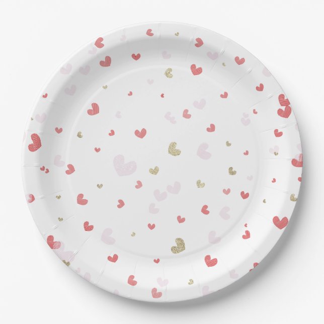 Assiettes En Carton Valentine Hearts Red Pink & Gold Party (Devant)