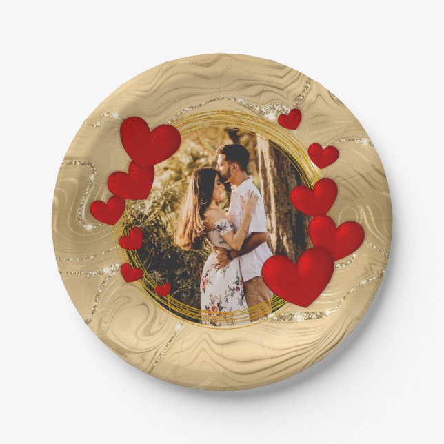 Assiettes En Carton Valentines Élégantes, Amour, Coeurs rouges Anniver (Devant)
