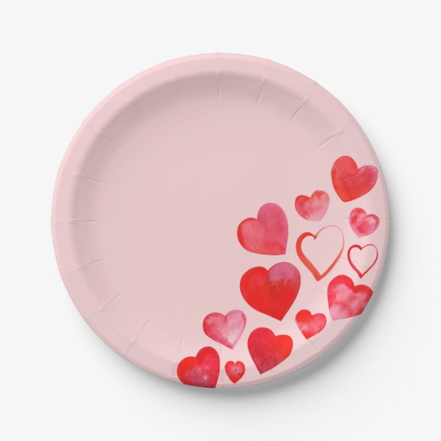 Assiettes En Carton Valentines Peint à la main Rouge Rose Coeurs Plaqu (Devant)