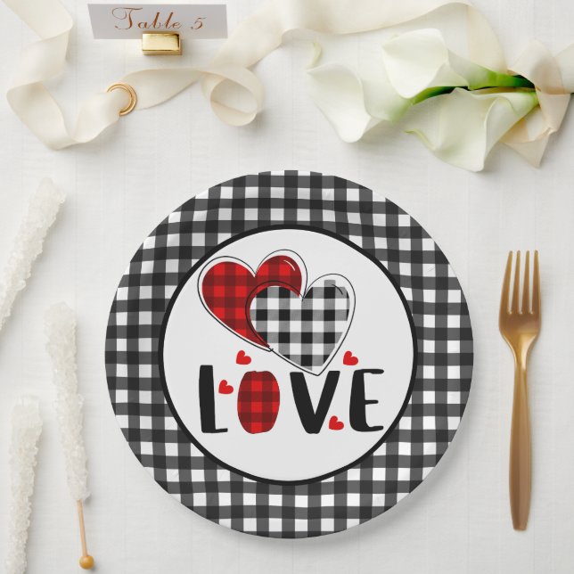 Assiettes En Carton Valentines Plaid Buffalo Love (Mariage)