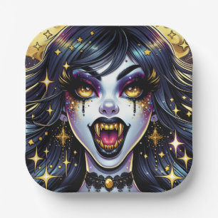 Assiettes En Carton Vampire avec Gold Fangs Pleine lune Halloween Part