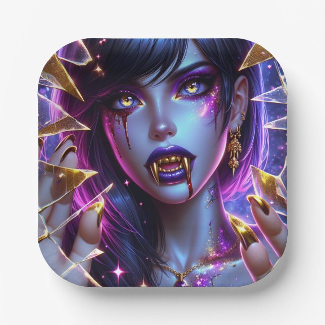 Assiettes En Carton Vampire avec yeux d'or et dents Halloween (Recto)