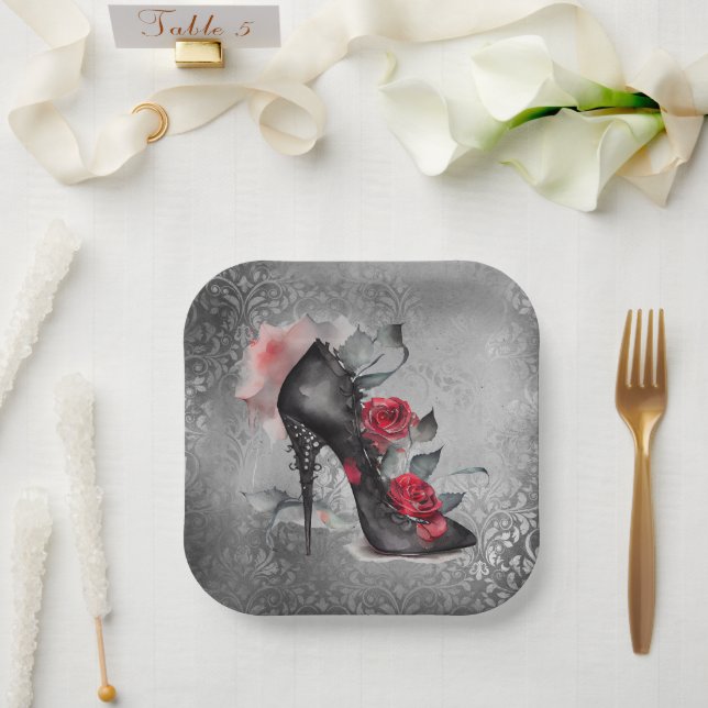 Assiettes En Carton Vampy Spike Stiletto | Rouge Rose Haut-talon Grung (Mariage)
