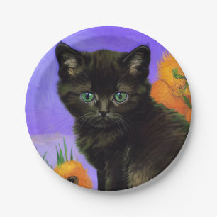 Assiettes En Carton Van Gogh Kitten noir avec des tournesols