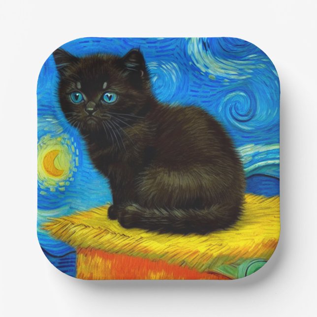 Assiettes En Carton Van Gogh Style Starry Night Cat (Recto)