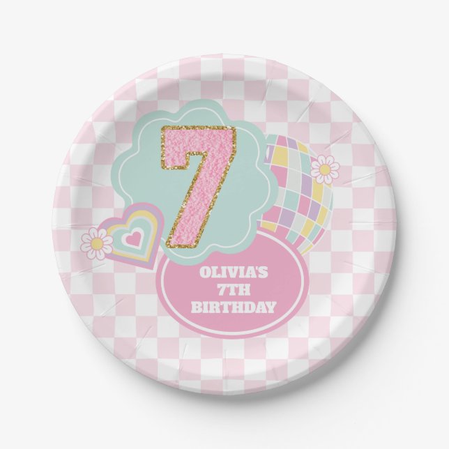 Assiettes En Carton Varsity preppy pastel patch 7e anniversaire (Devant)