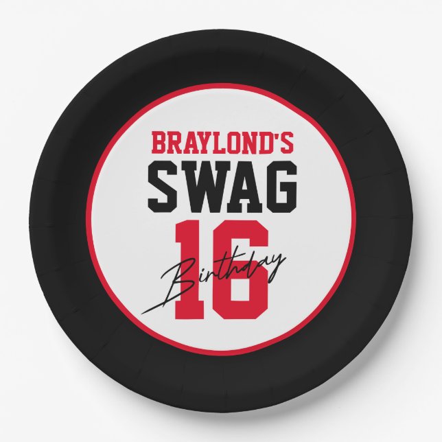 Assiettes En Carton Varsity Style Rouge Swag 16 Anniversaire (Devant)
