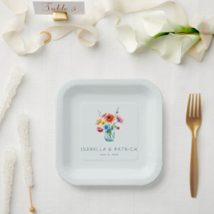 Assiettes En Carton Vase Floral Aquarelle Bleu Romantique